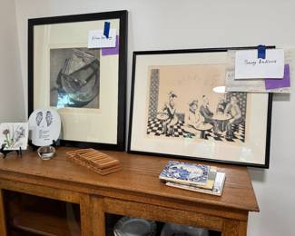 Nona Hershey signed aquatint "Place Setting" and Benny Andrews signed lithograph "New York Cafe", Associated American Artists Fifth Avenue NYC receipt 1974.