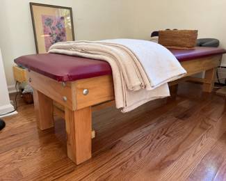 Unique, custom-made low-profile "stretching" or wellness/massage table, has FaceSpace contoured face cradle pillow and rig built in too, without face cradle table is 6'4 long x 24.5" wide x 19" tall.