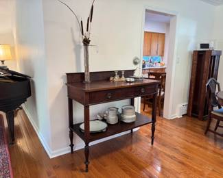 Antique inlaid mahogany two tier server buffet, and absolute gem, 46" wide x 21" deep x 38" surface height (without back). Beautiful Haviland Limoges set below