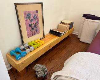Unique matching low-profile bench aside stretching table is 71" long x 10.75" deep x 11" tall. Yoga bolsters Hugger Mugger silk eye bags, wooden yoga blocks, foam blocks, and weighted yoga bag. Yoga straps Specialized yoga natural fiber blankets Wellness accessories, bands, weights, rollers, etc
