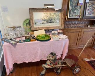 Andre Gisson signed oil. "Landscape at Tours" with original 1970 gallery receipt from Christopher Street Gallery of NYC Signed by director and artist again. Vaseline glass divided party platter, 1940s vintage Mobo "pony express" pedal car