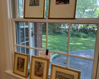 Top Both are gouache and signed by Lepine. Left "The Dancers" right "Cabaret". Both have gallery labels on back "American Art at Mid-Century" Essex County Section National Council of Jewish Women. Bottom three are all original monotypes by Edna Gass. From left, "Pink Parasol", "Nu au Fenetre", and "Femmes au Plage no. 3" all with the "American Art at Mid-Century" labels and receipts
