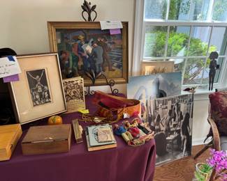 Original oil by Jacob Daugherty 1949. On left is a signed James Kearns etching/engraving "Hooday". Very cool vintage leather and hand-painted corset belts in picture too