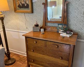 Beautiful petite oak mirrored dresser, 3' x 18" deep x 34.5" surface height (not including mirror). Original signed oil by Robert Gill on left. Very old stained glass remnants on dresser. Just too pretty and neat to throw away!