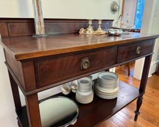 Antique inlaid mahogany two tier server buffet, and absolute gem, 46" wide x 21" deep x 38" surface height (without back). Beautiful Haviland Limoges set below . Sterling pieces up top