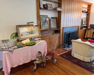 Andre Gisson oil with gallery papers, see other later picture for more info. Vaseline glass divided party platter, 1940s vintage Mobo "pony express" pedal car