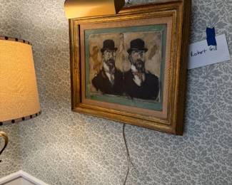 Original signed oil painting by Robert Gill titled, "Erik Satie" with a "non-members ticket" on back from the 1972 National Academy of Design 147th Annual Exhibition