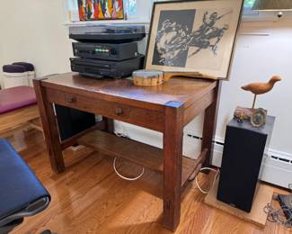 Beautiful Arts and Crafts era and style library table (43" x 27" deep x 29.5") 2025 Good Vibes Sony turntable and Paradigm speakers, Yamaha 5 disc CD player, Kenwood receiver. Jacob Landau "Man's End"