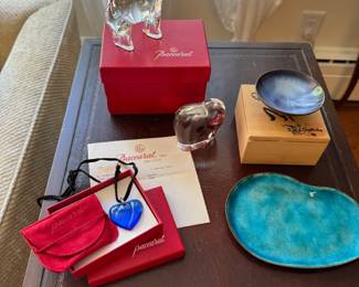 Small collection of Baccarat crystal figurines and sapphire pendant necklace