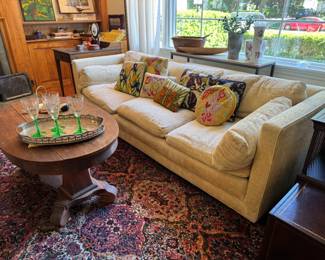 Vintage W&J Sloane down-filled couch and matching chair. Cute, colorful collection of vintage needlepoint pillows