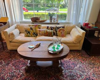 Vintage W&J Sloane down-filled couch and matching chair. Cute, colorful collection of vintage needlepoint pillows. Great coffee table- has drawer on other side too. Sturdy, will last forever, great silhouette