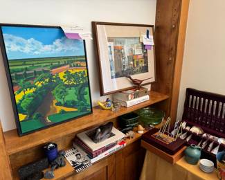 PAINTING ON LEFT Peter Homitzky "Sayerville 1977" original oil on canvas 16x 20, PAINTING ON RIGHT Joseph (Theodore) Domareki original "Village Bridge" with original 1966 receipt from American Art at Mid-Century (Essex County Section, National Council of Jewish Women). Antique textile printing blocks below