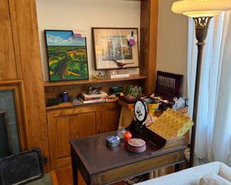 PAINTING ON LEFT Peter Homitzky "Sayerville 1977" original oil on canvas 16x 20, PAINTING ON RIGHT Joseph (Theodore) Domareki original "Village Bridge" with original 1966 receipt from American Art at Mid-Century (Essex County Section, National Council of Jewish Women). Beautiful antique floor lamp, 3-way