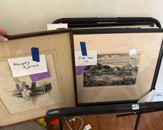 Margery Ryerson "Musical Moment" signed original lithograph with bio on back and gallery tag "Associated American Artists 711 Fifth Avenue NYC", Fred Shane "Farm in the Rockies" signed original lithograph with bio on back and gallery tag "Associated American Artists 711 Fifth Avenue NYC" , behind not pictured, Philip Cheney "Sweet Water" signed original lithograph with bio on back and gallery tag "Associated American Artists 711 Fifth Avenue NYC", Fred Shane "Farm in the Rockies" signed original lithograph with bio on back and gallery tag "Associated American Artists 711 Fifth Avenue NYC" , and lastly Aaron Bohrod "Church in Luxembourg" signed original lithograph with bio on back and gallery tag "Associated American Artists 711 Fifth Avenue NYC", Fred Shane "Farm in the Rockies" signed original lithograph with bio on back and gallery tag "Associated American Artists 711 Fifth Avenue NYC"