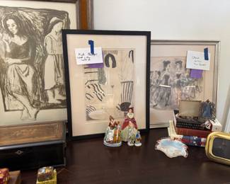 ARTWORK from left Moses Soyer "Two Women" signed lithograph 1899-1974, Matt Phillips limited edition signed lithograph "Interior with Nudes and Doves" with bio on back and Associated American Artists tag on back, Fifth Avenue NYC and lastly on the right is signed lithograph by Chaim Gross