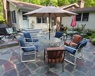 patio furniture, umbrella tables, grill, gazebo, trampolene