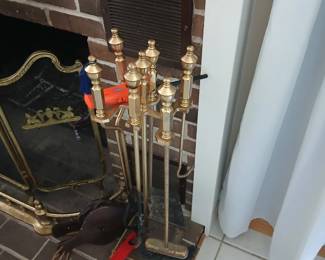 brass fireplace screen, tool set