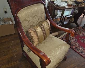 Empire walnut armchair, damask uph.