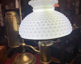 Early 1900s Vintage Mid Century brass student lamp with white milk glass hobnail shade 