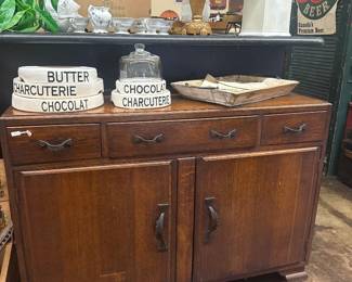 vintage solid wood buffet, lamps, metal porcelain signs