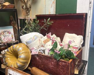 vintage wooden box, bundt pan, sconce