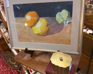 fruit watercolor, brass tea box