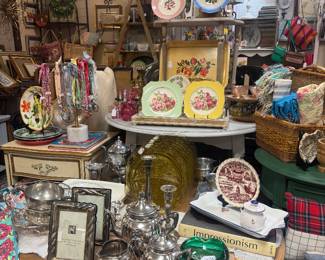 plates, silver tea set, coffee table books, bedside tables, jewelry