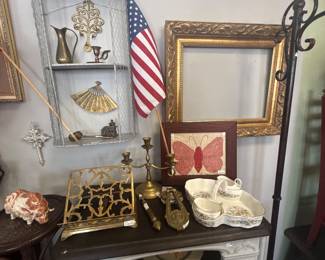 vintage frame, book holder (brass), desk, brass candleabra