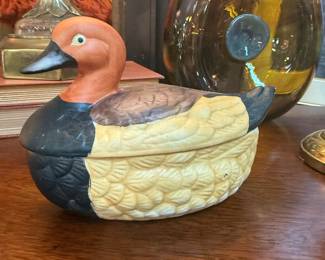 Vintage porcelain trinket dish shaped like a redhead duck, hands-painted