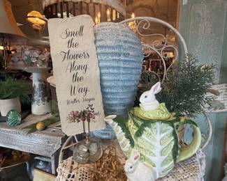 bunny and cabbage pitcher, signage, decorative metal garden decor