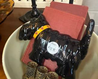 scottie dog, vintage books and bowl