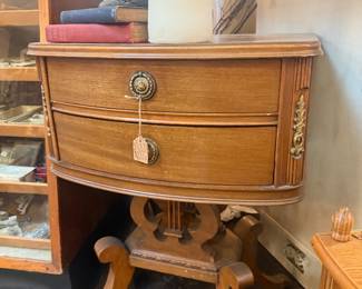 Vintage Duncan Phyfe style two-drawer pedestal stand with lyre shaped bottom