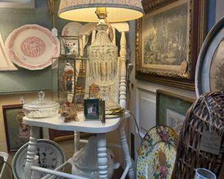 vintage chair, crystal lamps, plates, framed art