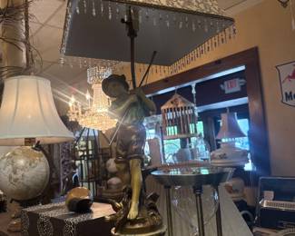 vintage lamp with boy fishing
