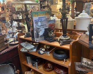 Vintage Prescott Bronze glass table lamps, book shelf, baskets