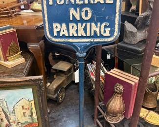 Vintage W.F. Norman Sheet Metal Manufacturing Company curb double sided sign featuring raised letters for a funeral home