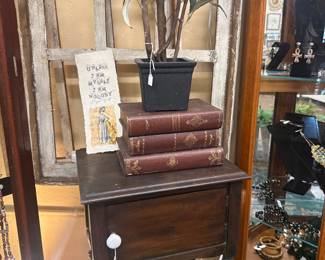 antique table, vintage books