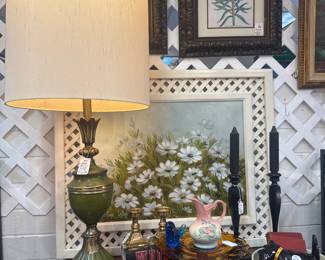 framed oils, vintage Rembrandt lamp