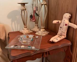 Gold-Tone Metal Caged Candlesticks with Decorative Angel and Glass Dish with Stones