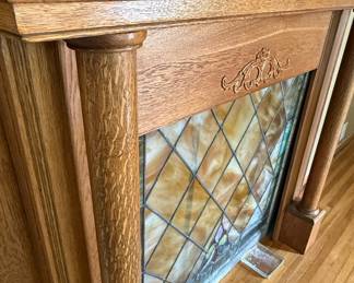 Antique Oak Arts and Crafts Fireplace Mantel with Stained Glass Insert