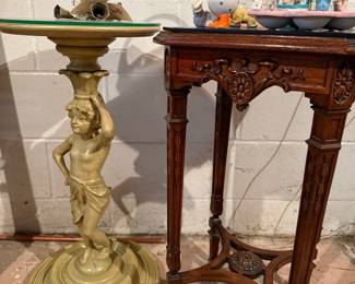 Neoclassical Cherub Pedestal Table and Carved Wood Side Table