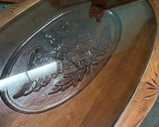 Antique Americana Hand Carved Walnut Coffee Table with Eagle Motif and Glass Top