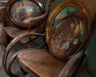 Victorian Oval Portrait Frames with Photographs and Bentwood Rocking Chair