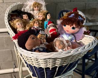 Collection of "My Child" Dolls and Porcelain Dolls in Wicker Bassinet