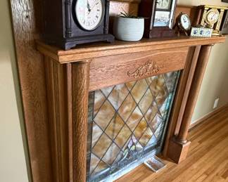 Antique Quarter Sawn Oak Fireplace Mantel with Stained Glass Insert