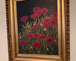 Floral Oil Painting of Poppies in Ornate Gold Frame