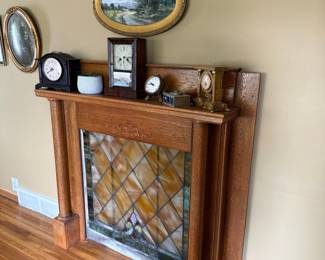 Oak Fireplace Mantel with Stained Glass Insert