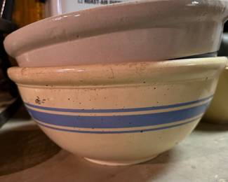 Vintage Yellow Ware Stoneware Mixing Bowls with Blue Bands