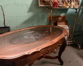 Vintage Carved Walnut Coffee Table with Glass Top and Eagle Inlay