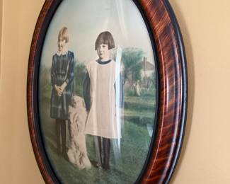 Oval Hand-Tinted Portrait of Two Children with Dog in Tiger Maple Frame